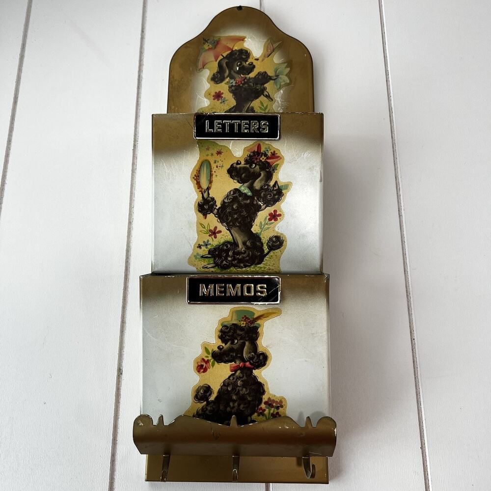 Vintage Metal Letters Bills WALL HOLDER Mail Organizer Black Poodles MCM